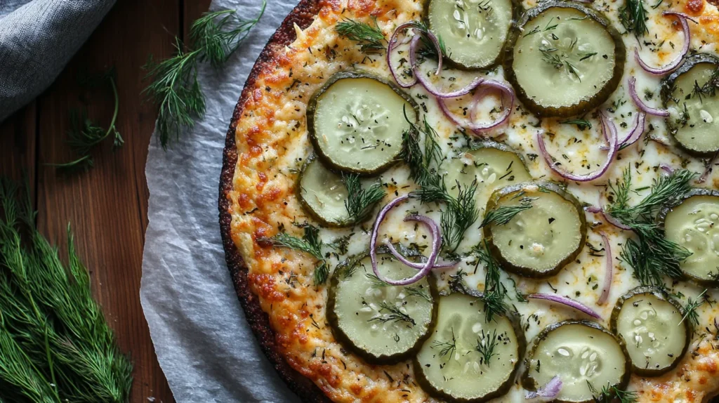 A whole pickle pie pizza with crispy crust, melted cheese, and generous pickle slices.