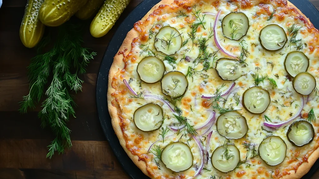 A slice of pickle pie pizza topped with cheese, pickles, and a tangy sauce.