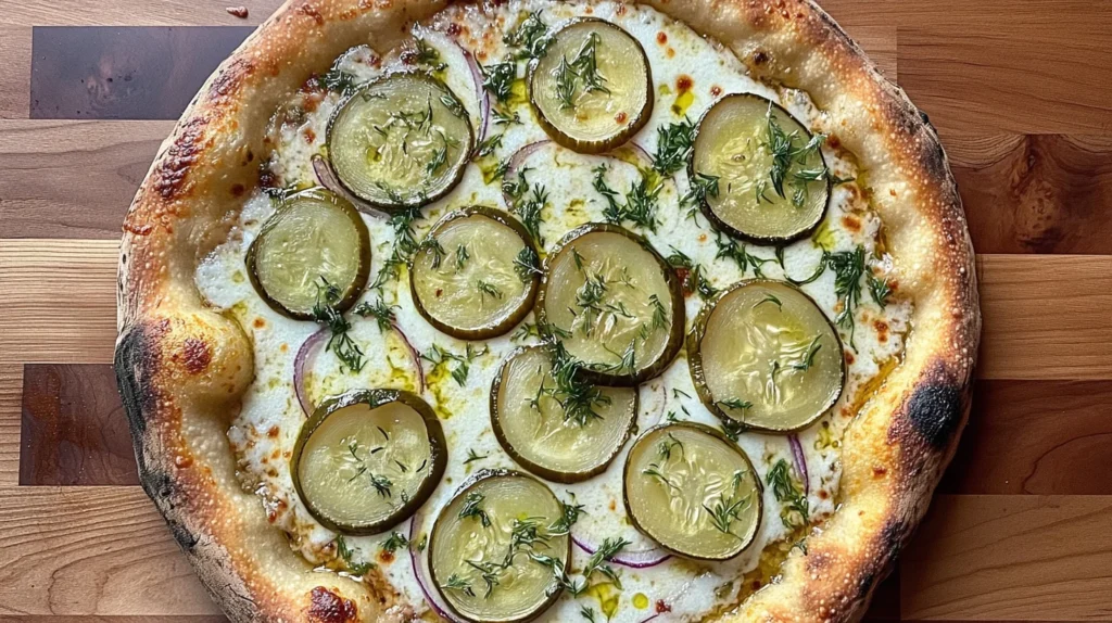 Pickle pie pizza topped with tangy pickles, melted cheese, and a crispy crust.