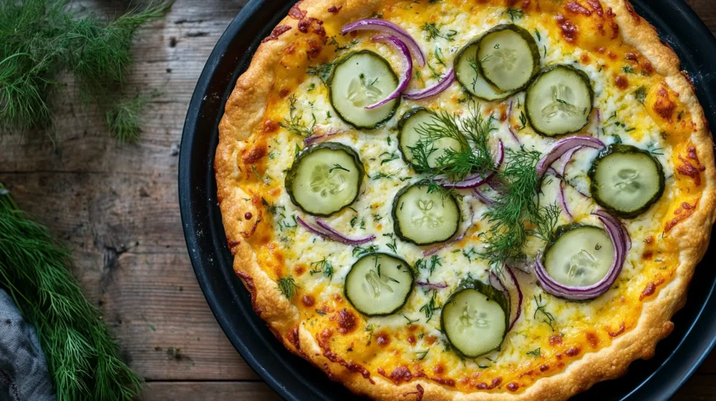 A slice of pickle pie pizza featuring a zesty pickle topping and gooey cheese.