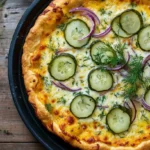 A slice of pickle pie pizza featuring a zesty pickle topping and gooey cheese.