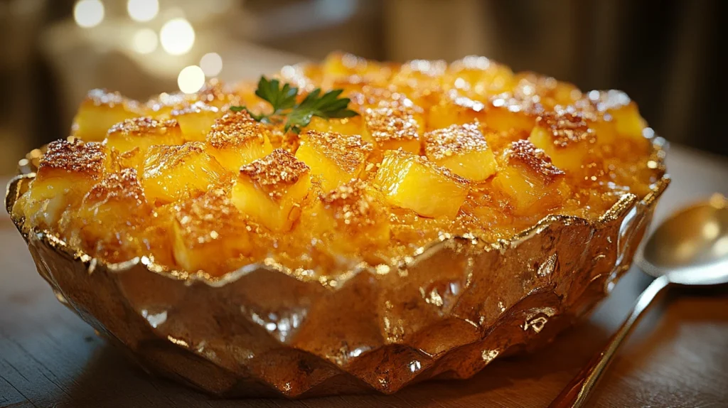 Baked Pineapple Casserole with a golden, crunchy topping, fresh from the oven.