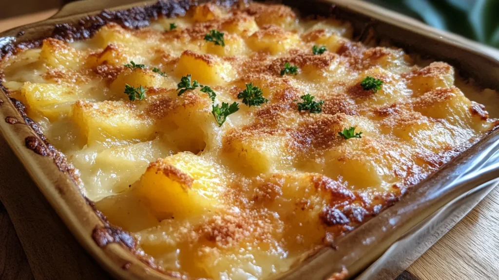 A warm and inviting Pineapple Casserole, featuring pineapple chunks and a crisp, buttery topping.