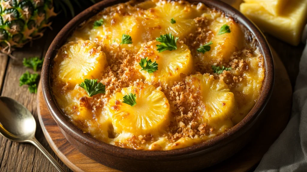 Delicious Pineapple Casserole served in a baking dish, with sweet pineapple and a crunchy crust.