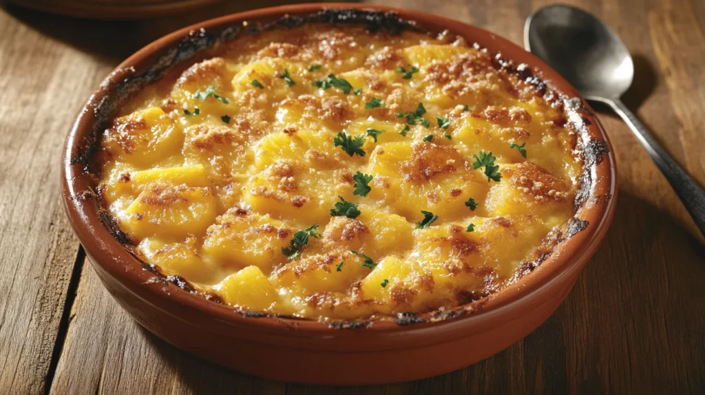 A golden, bubbly Pineapple Casserole, baked to perfection with a crunchy topping.