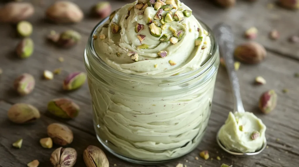 A jar of smooth pistachio cream, topped with crushed pistachios.