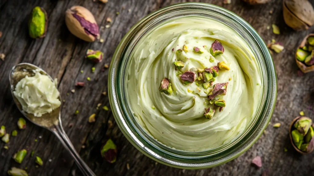 Homemade pistachio cream in a bowl, ready to be used as a dessert topping.