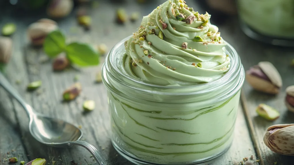 Luxurious pistachio cream spread on a slice of toasted bread, garnished with nuts.