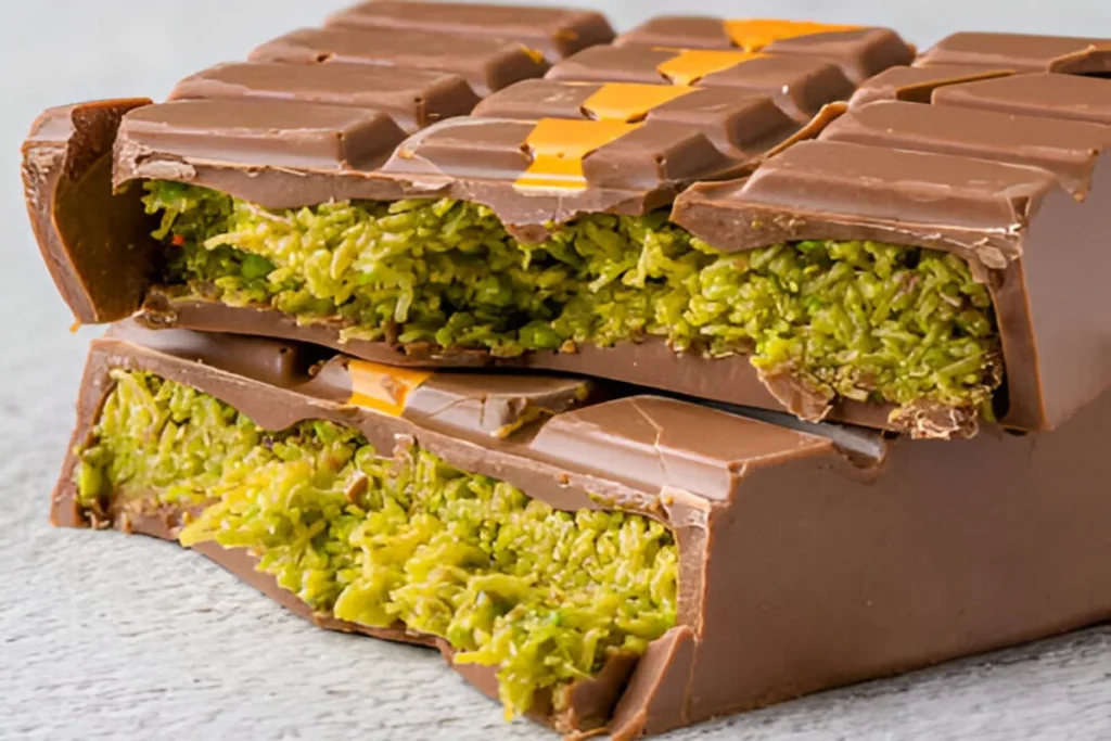 Pistachio Kunafa Chocolate Bar with a rich chocolate coating and pistachio topping.