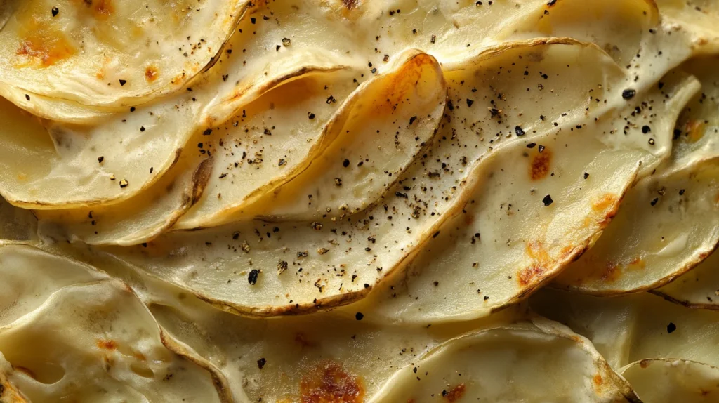 Cacio e Pepe potato gratin with golden, crispy edges served in a white casserole dish.