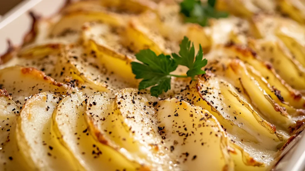 Layers of creamy potatoes topped with Pecorino Romano and freshly cracked black pepper.