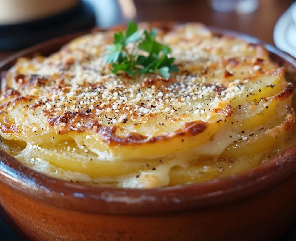 Close-up of Cacio e Pepe potato gratin with perfectly browned cheese and pepper.