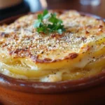 Close-up of Cacio e Pepe potato gratin with perfectly browned cheese and pepper.