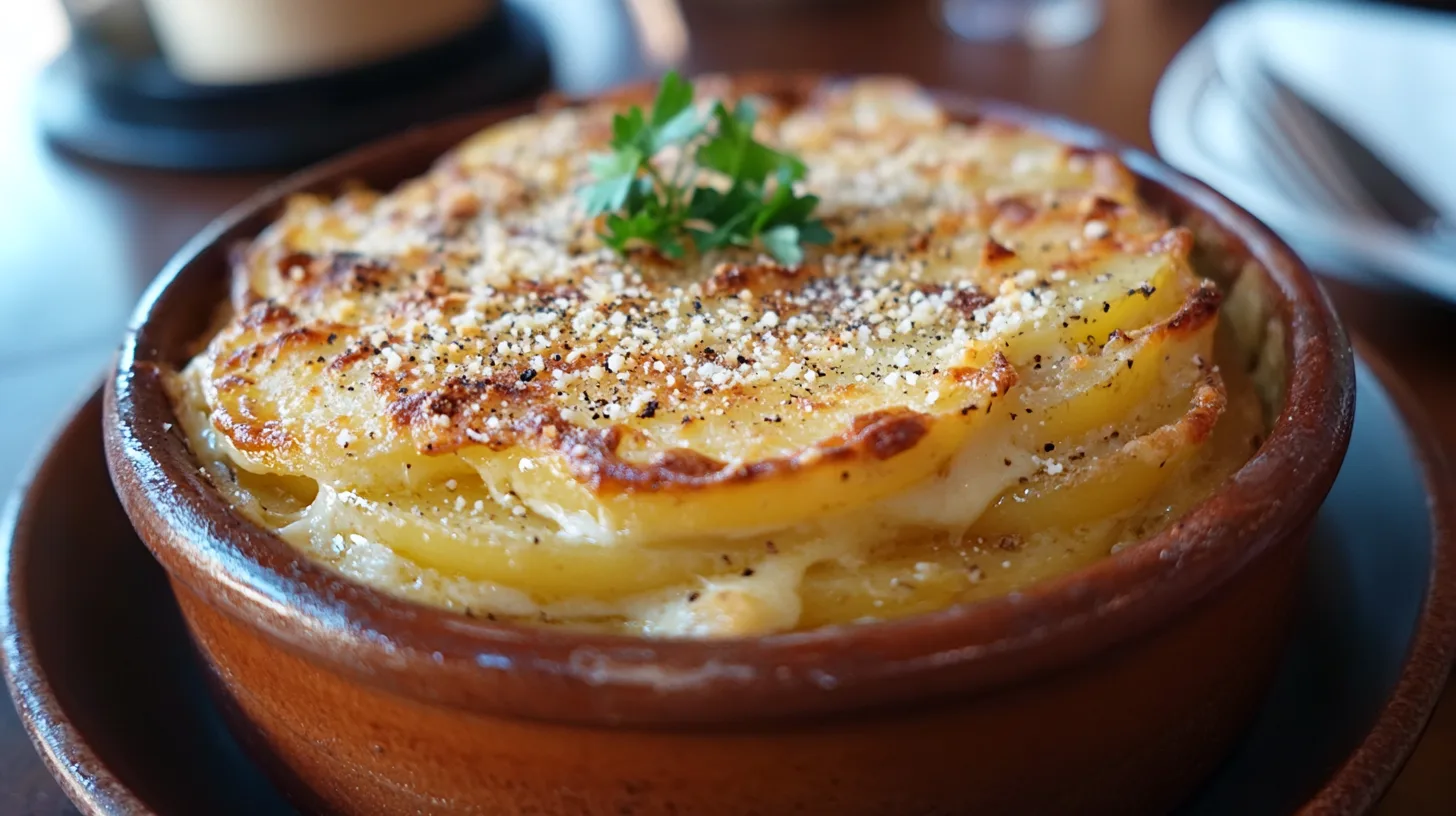 Close-up of Cacio e Pepe potato gratin with perfectly browned cheese and pepper.