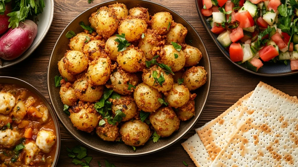 A plate of crispy golden potatoes, a popular dish for Passover meals.