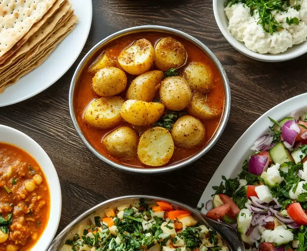 A variety of potato dishes, including latkes, for a traditional Passover meal.