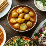 A variety of potato dishes, including latkes, for a traditional Passover meal.