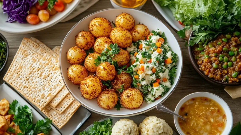 Mashed potatoes served as part of a festive Passover dinner spread.