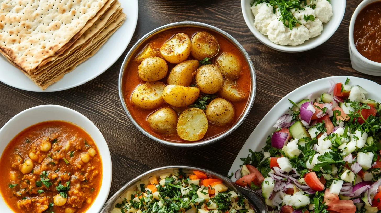 A variety of potato dishes, including latkes, for a traditional Passover meal.