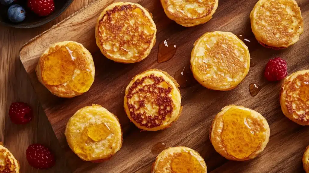 High-protein pancake muffins arranged on a cooling rack with a side of maple syrup.