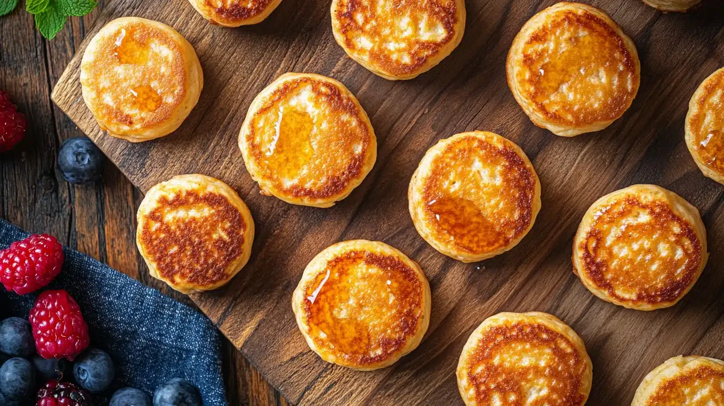 Golden Protein Pancake Muffins topped with fresh berries and a drizzle of maple syrup.