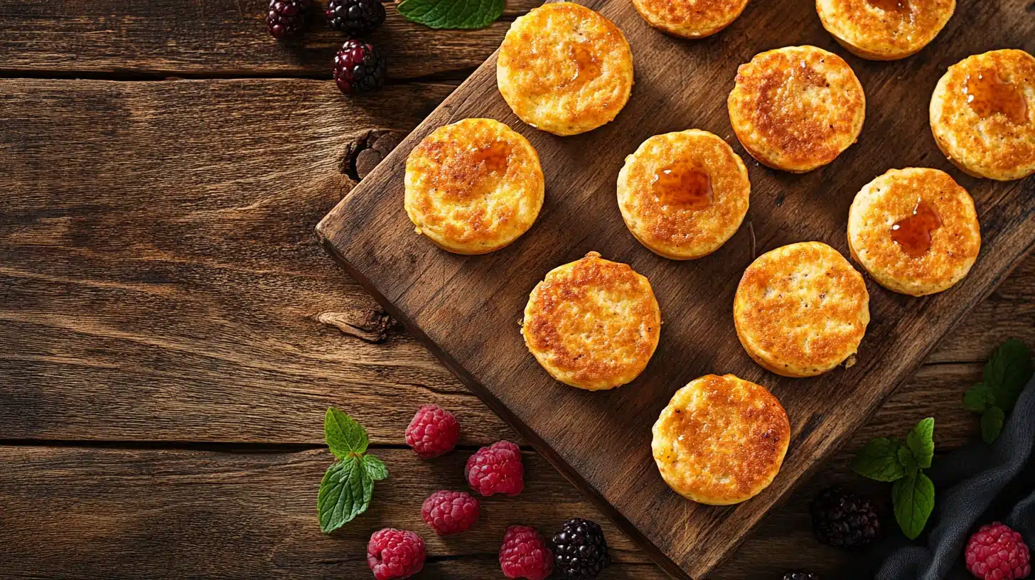 Freshly baked Protein Pancake Muffins with a golden-brown top and scattered blueberries.