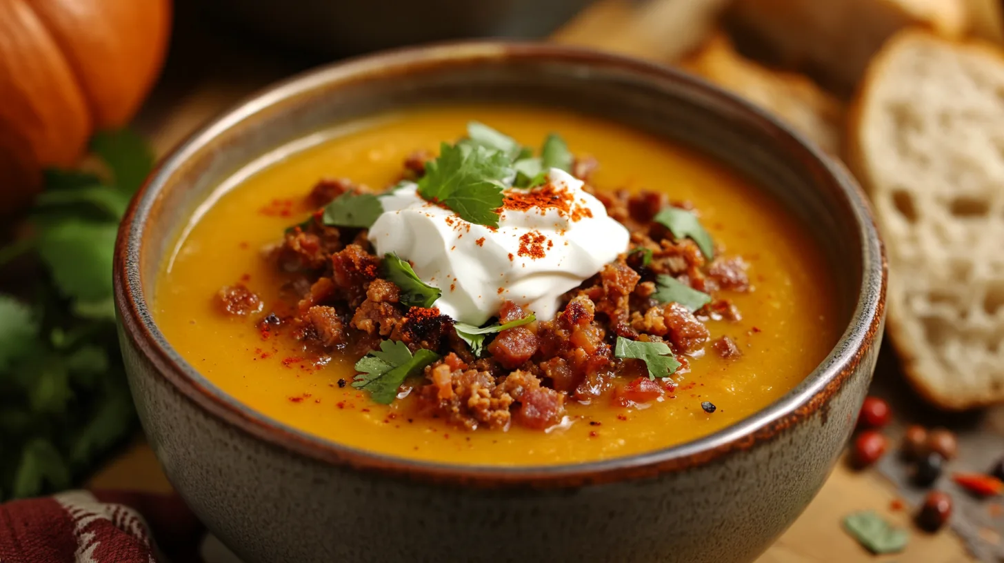 Rich and flavorful Pumpkin Chorizo Soup, combining savory chorizo and smooth pumpkin for a comforting meal.