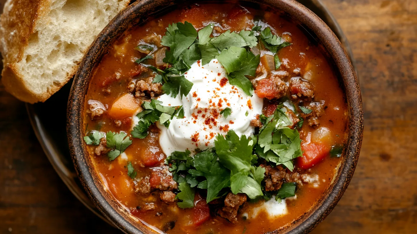 A steaming bowl of Pumpkin Chorizo Soup with tender chorizo and smooth pumpkin, topped with fresh cilantro.