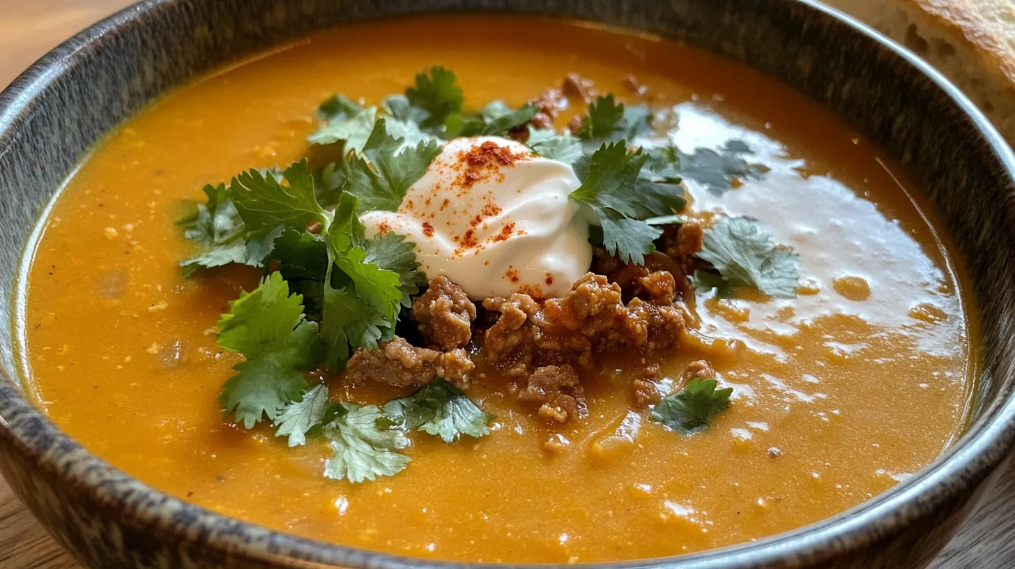 A bowl of hearty Pumpkin Chorizo Soup with spicy chorizo, creamy pumpkin, and a sprinkle of fresh herbs.