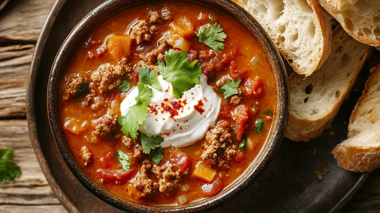 Hearty Pumpkin Chorizo Soup, rich in flavor with a balance of spicy chorizo and sweet pumpkin.