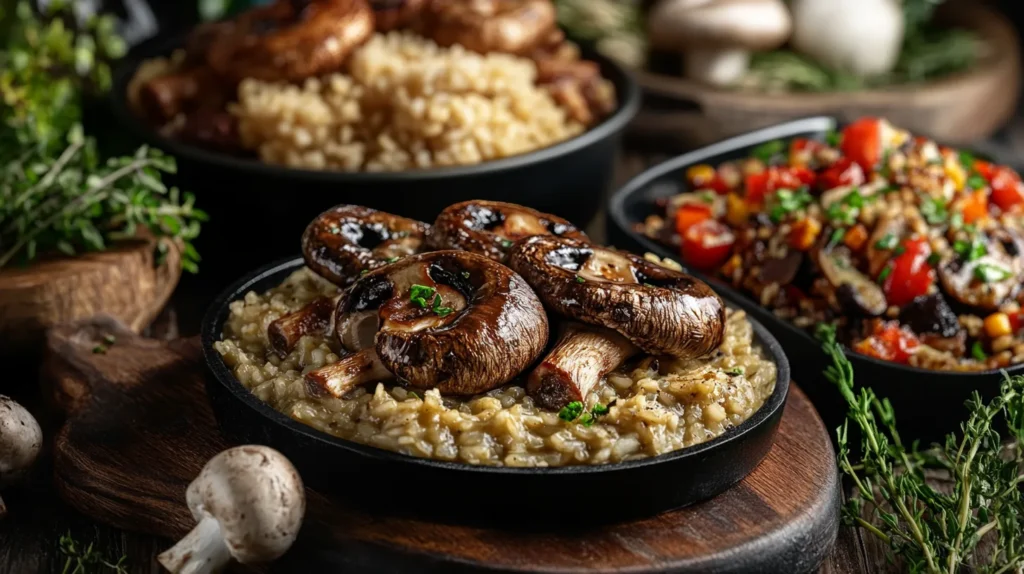 A close-up of trumpet mushrooms being prepared in a savory garlic sauce.