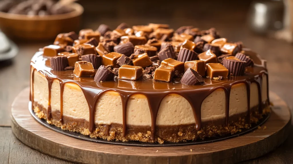 A creamy Reese's caramel cheesecake with a crunchy graham cracker crust and rich peanut butter topping.