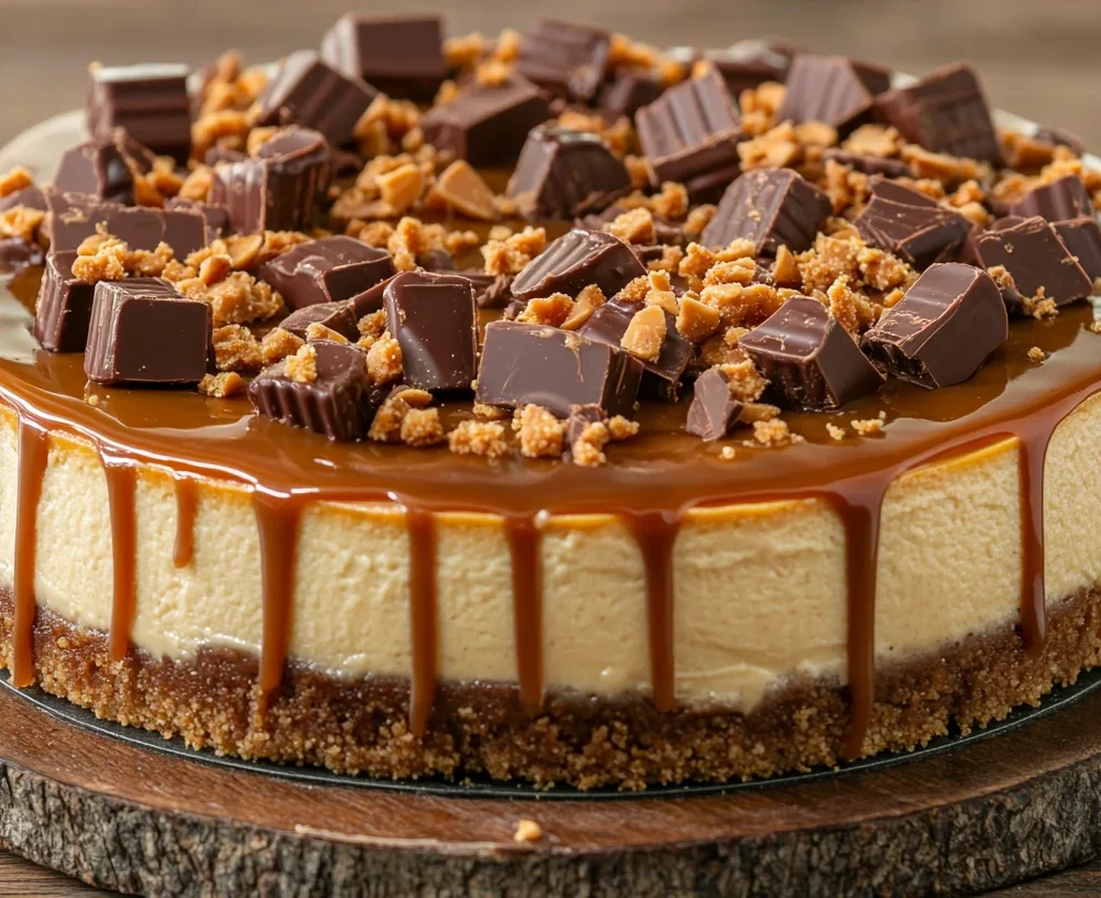 Delicious Reese's caramel cheesecake with a velvety texture and indulgent peanut butter and caramel finish.