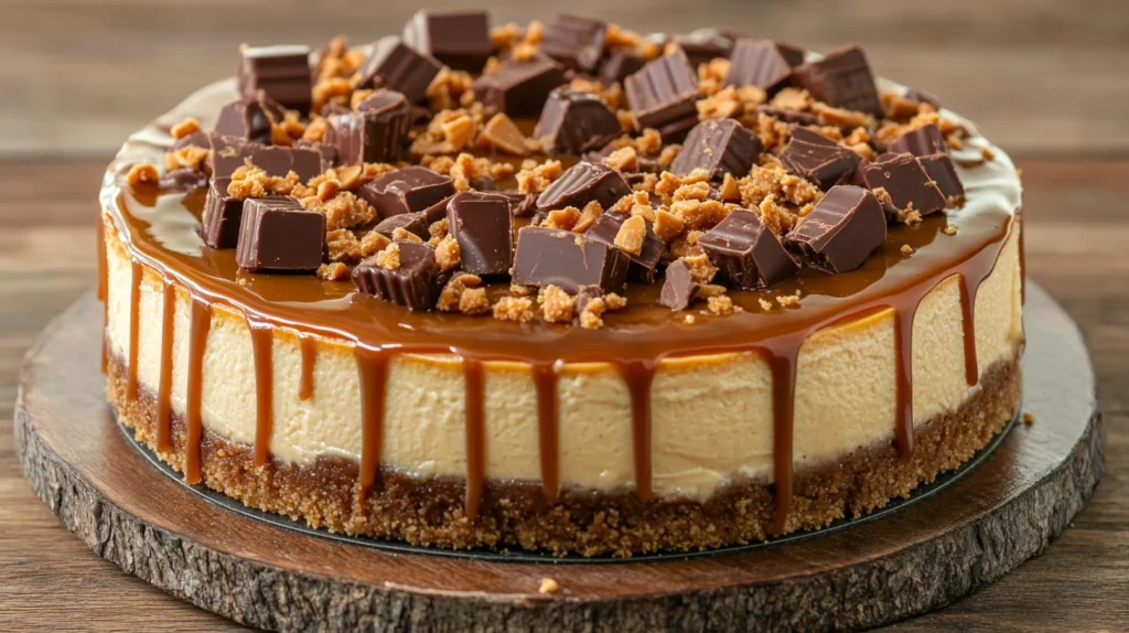 Delicious Reese's caramel cheesecake with a velvety texture and indulgent peanut butter and caramel finish.