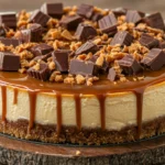 Delicious Reese's caramel cheesecake with a velvety texture and indulgent peanut butter and caramel finish.