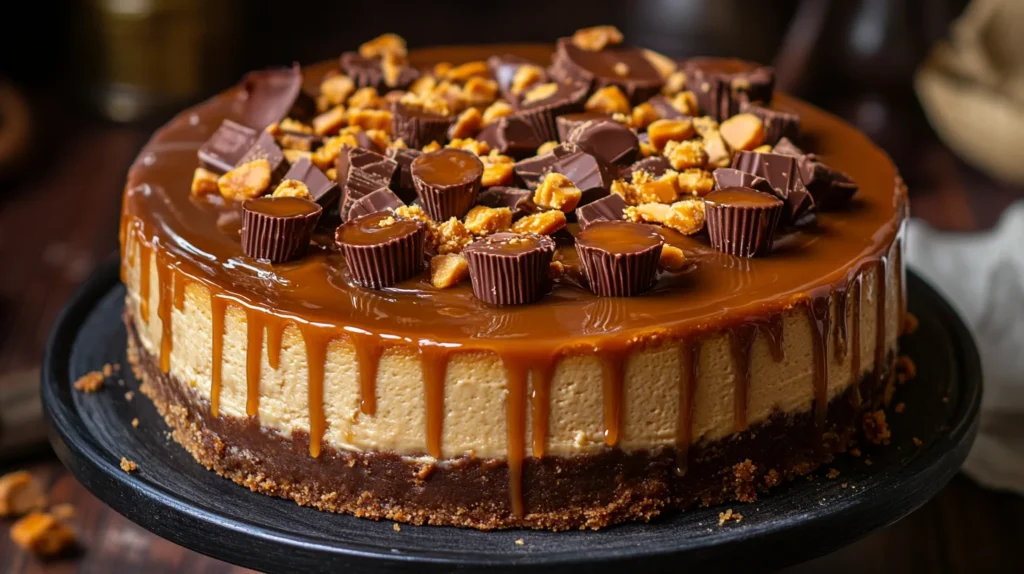 Reese's caramel cheesecake on a plate with layers of decadent caramel, chocolate, and peanut butter.