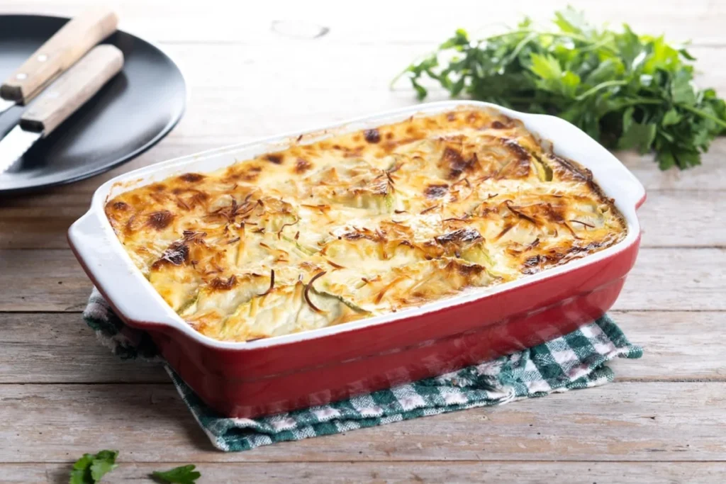 Layered Ronzoni lasagna with melted cheese and fresh herbs on top.