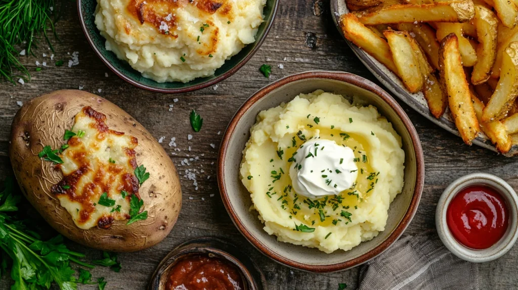 A close-up of creamy baked russet potatoes, topped with sour cream and chives for extra flavor.