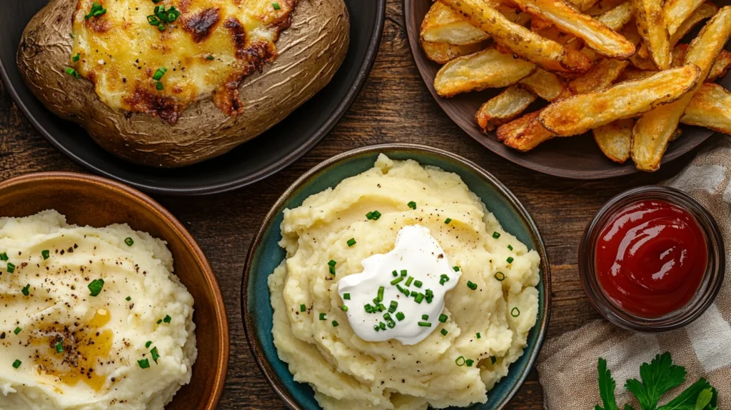 Delicious creamy baked russet potatoes topped with cheese and herbs, perfect for a comforting meal.