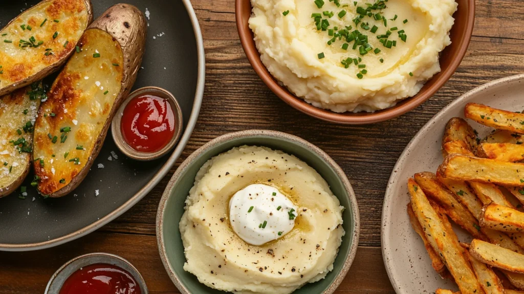 Creamy baked russet potatoes with a golden, crispy skin and a smooth, fluffy interior.