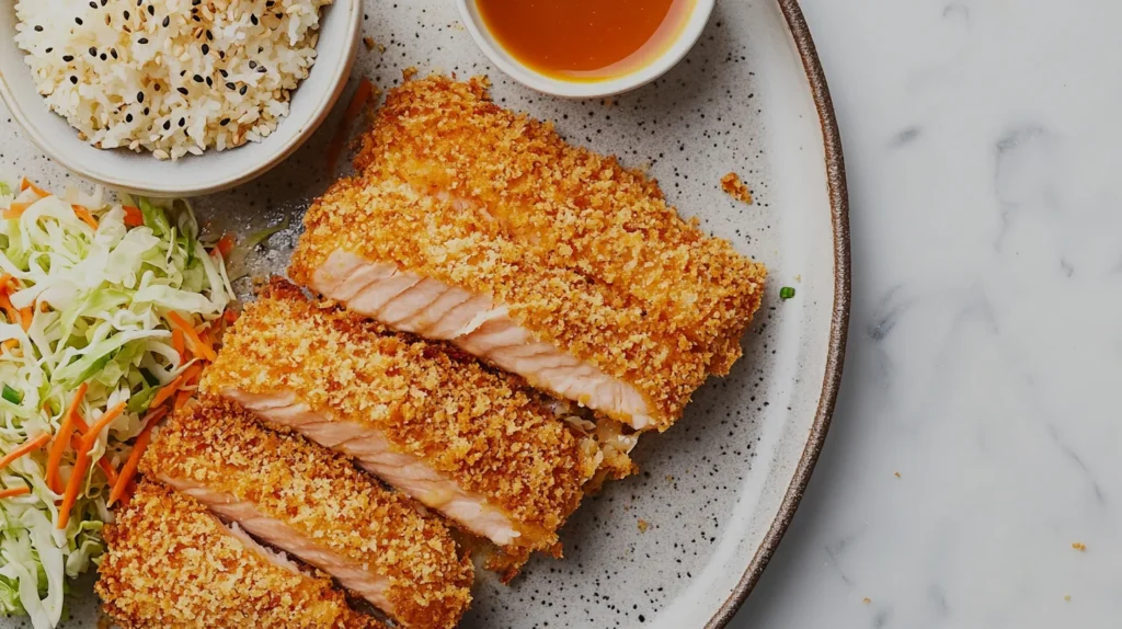 Flaky Salmon Katsu fillets paired with rice and a zesty dipping sauce on a rustic plate.