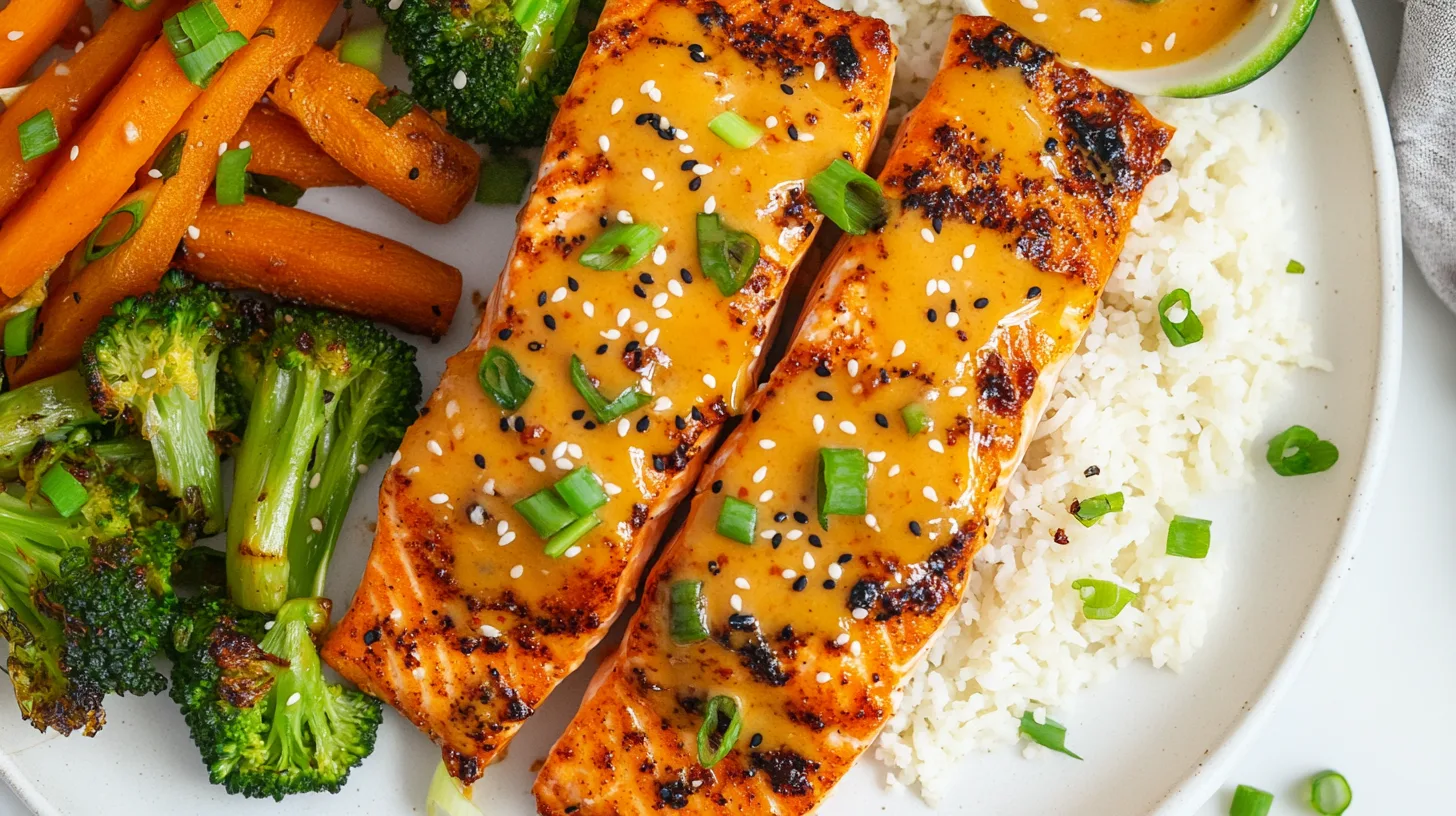 Crispy Bang Bang Salmon topped with creamy, spicy sauce and served with fresh greens.