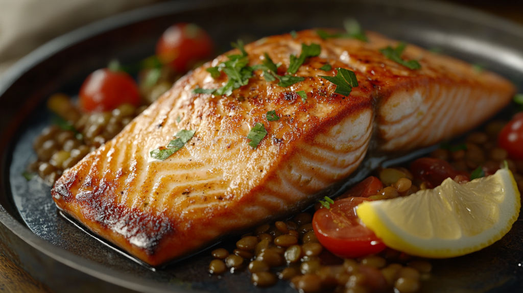 Healthy salmon and lentil recipe garnished with fresh herbs.