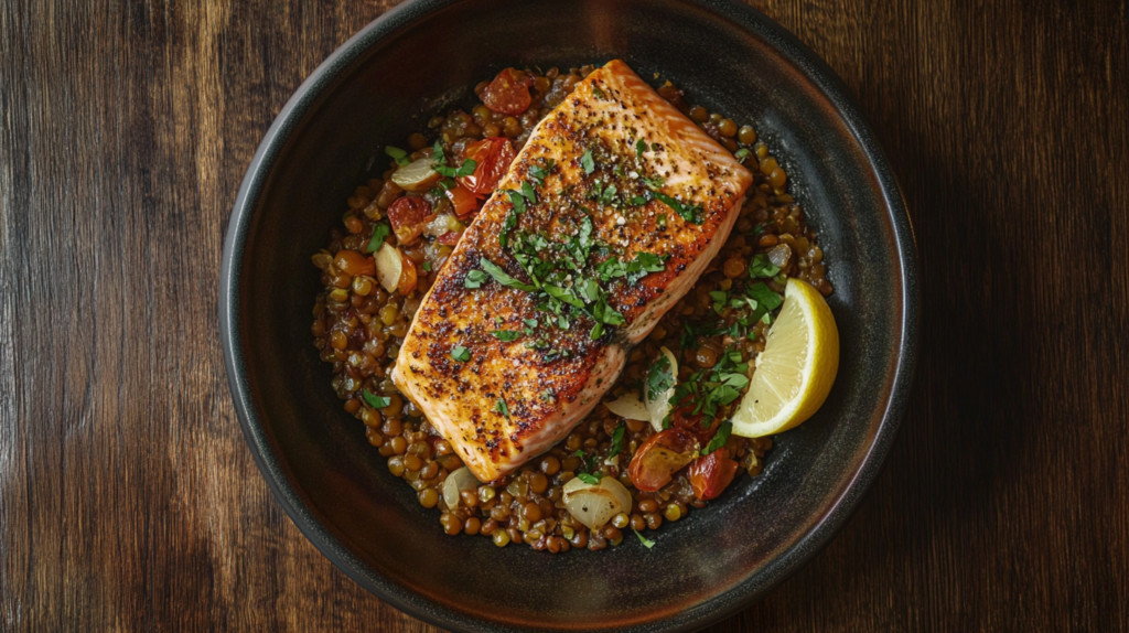 Pan-seared salmon fillet served with a side of spiced lentils.