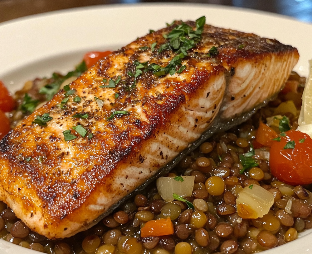 A hearty salmon and lentil dish packed with protein and flavor.