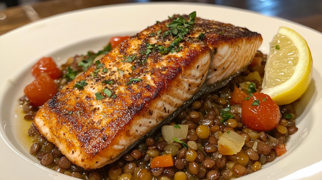 A hearty salmon and lentil dish packed with protein and flavor.