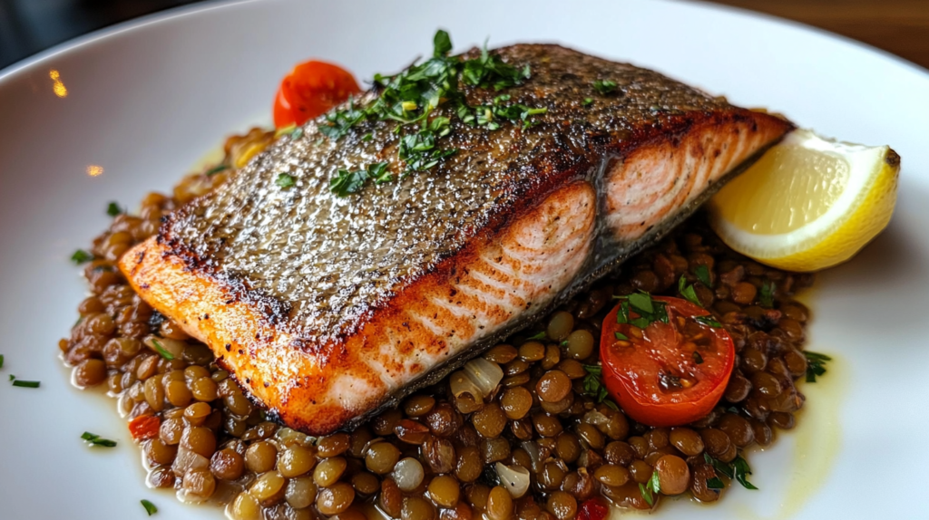 Close-up of salmon on a bed of seasoned lentils, perfect for dinner.