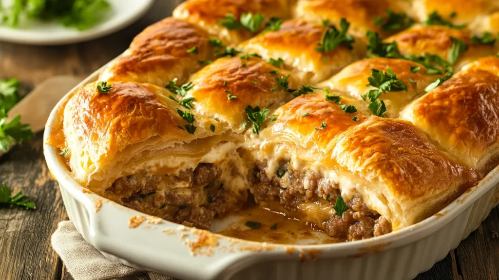 A slice of sausage and cream cheese breakfast casserole on a plate, garnished with fresh parsley.