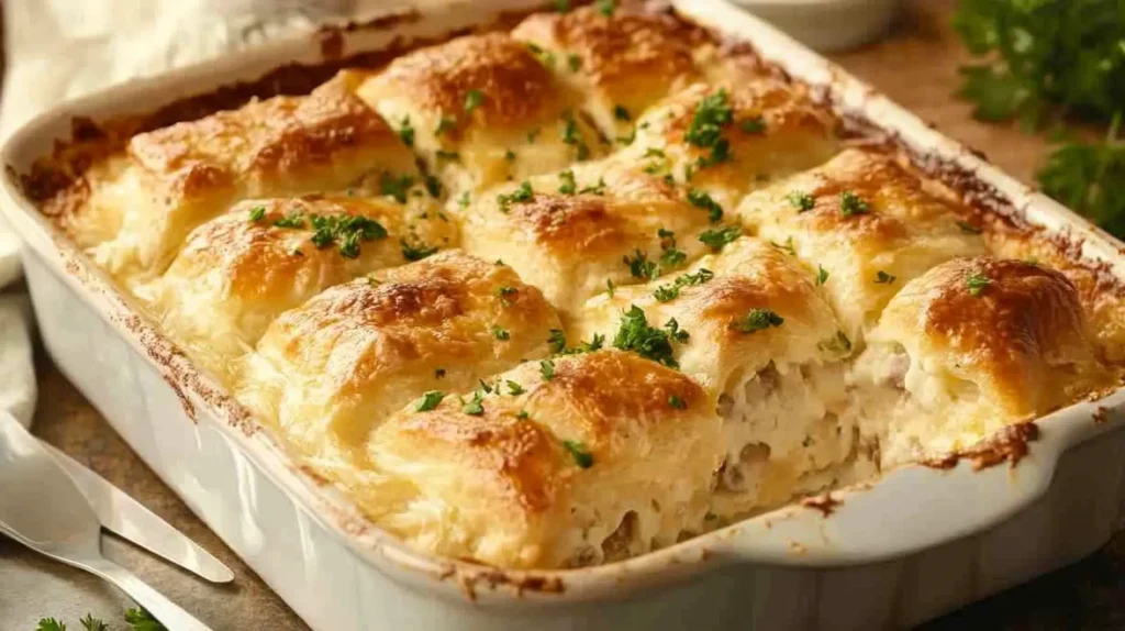 Freshly baked breakfast casserole with sausage, cream cheese, and fluffy eggs in a casserole dish.