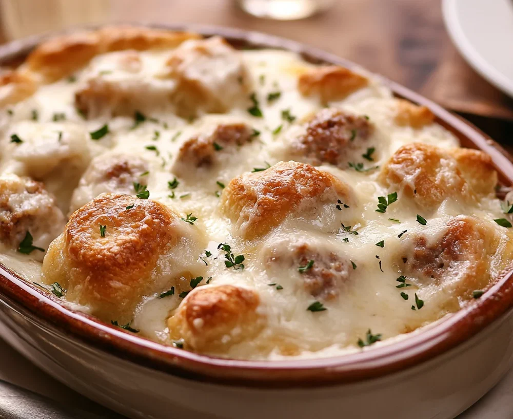 Creamy and hearty sausage breakfast casserole served warm, perfect for family brunch.